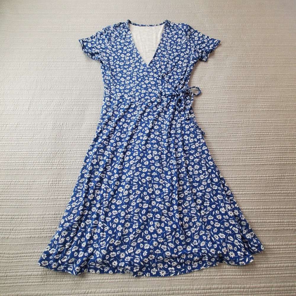 Blue Floral Short Sleeve Wrap Midi Dress Faux Tie V-Neck Daisy Print Summer